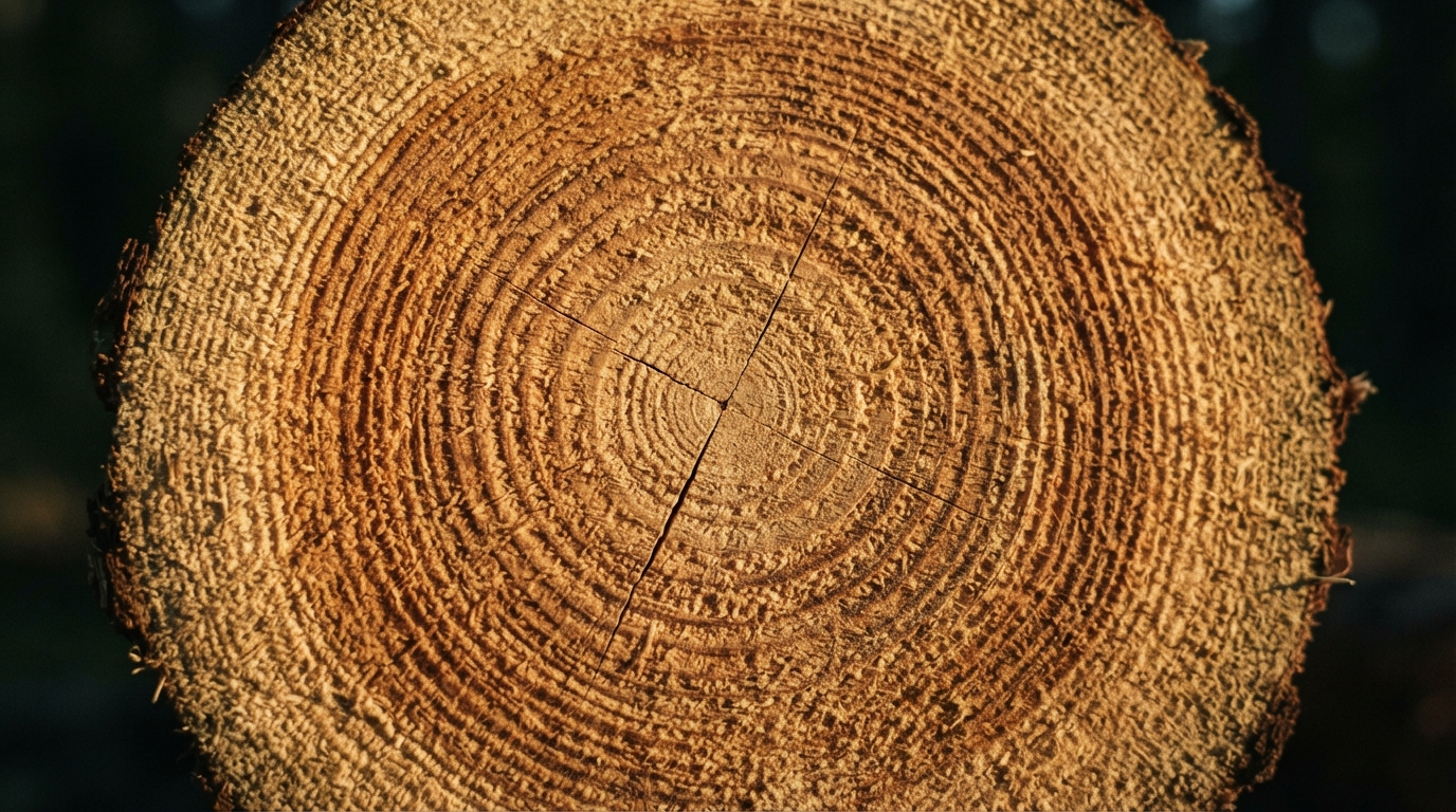 Growth rings in a cut pine surface, morning light raking across the grain.