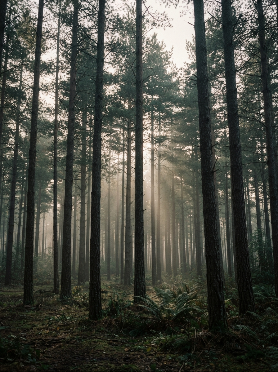 Tall pine trunks fading into early-morning mist, light coming through the canopy.